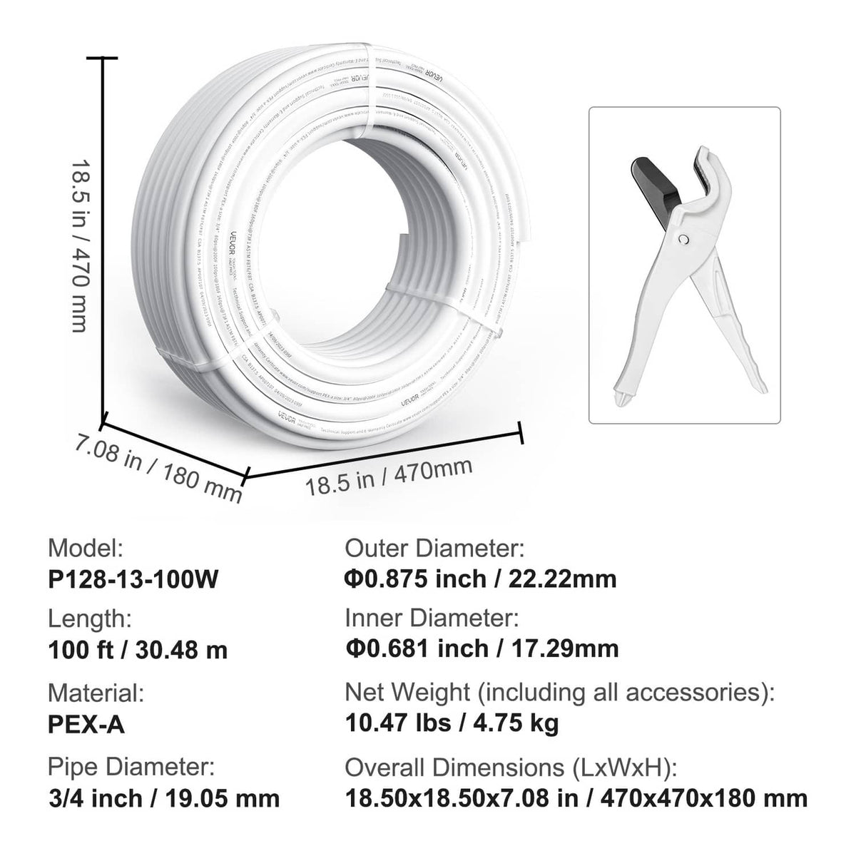 White PEX-A pipe coil with included cutter tool and size dimensions