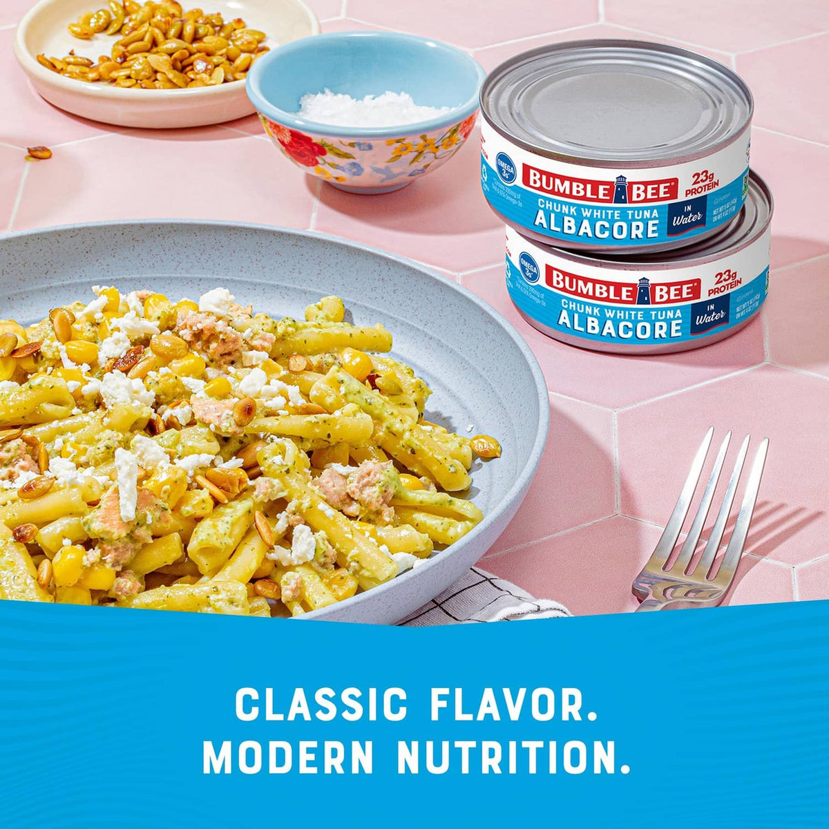 Chunk white albacore tuna pasta with Bumble Bee tuna cans