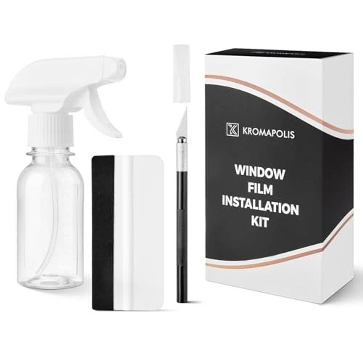 KROMAPOLIS window film installation kit box with spray bottle, squeegee, and knife