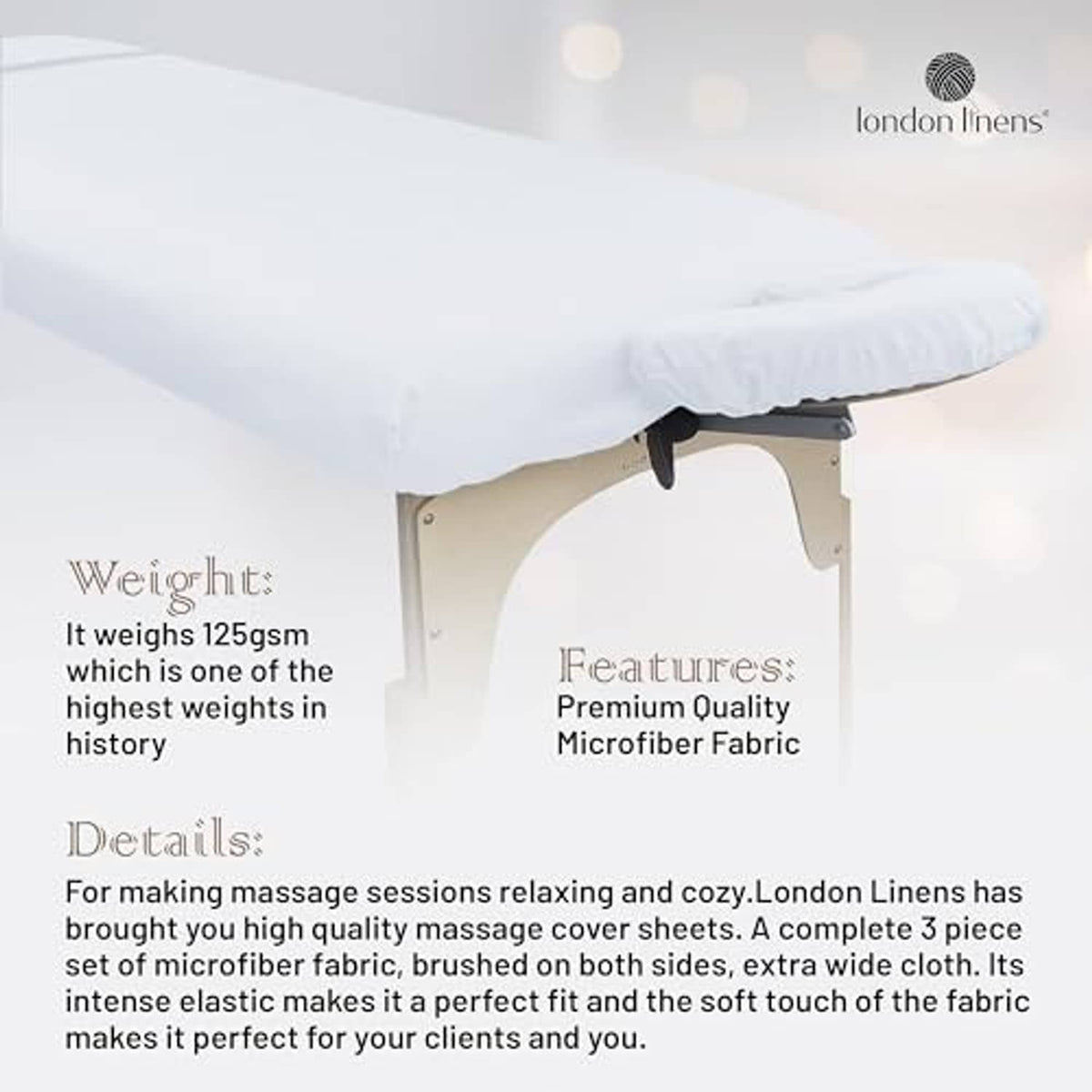 White microfiber massage table cover with elastic edge and stitched detail