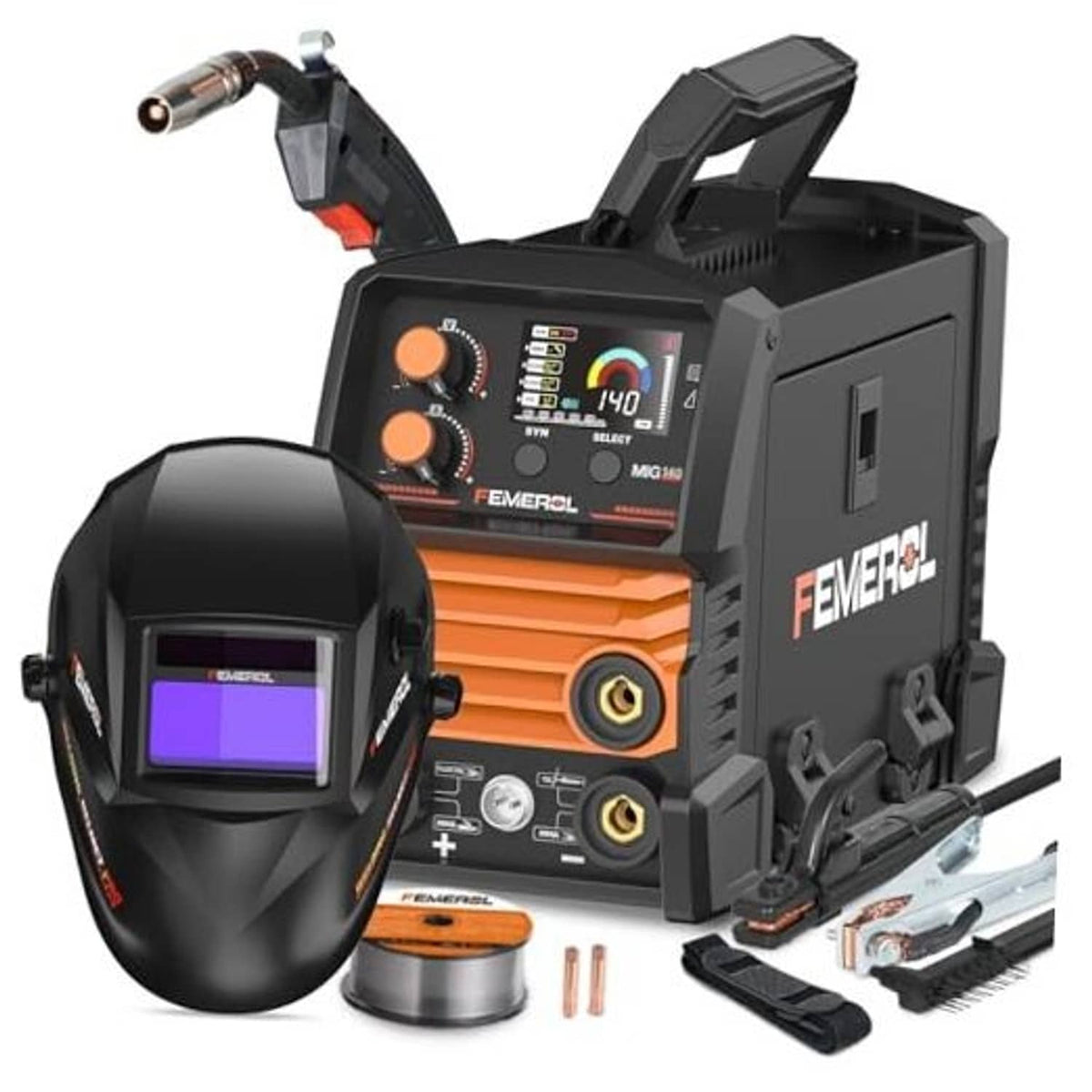 Compact 3-in-1 welding machine with LCD panel, included auto-darkening welding helmet