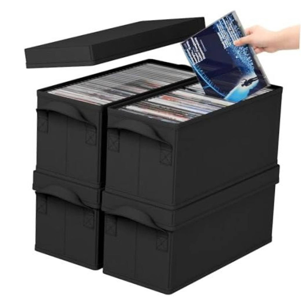 Black stackable CD storage box with lid open, holding CDs inside