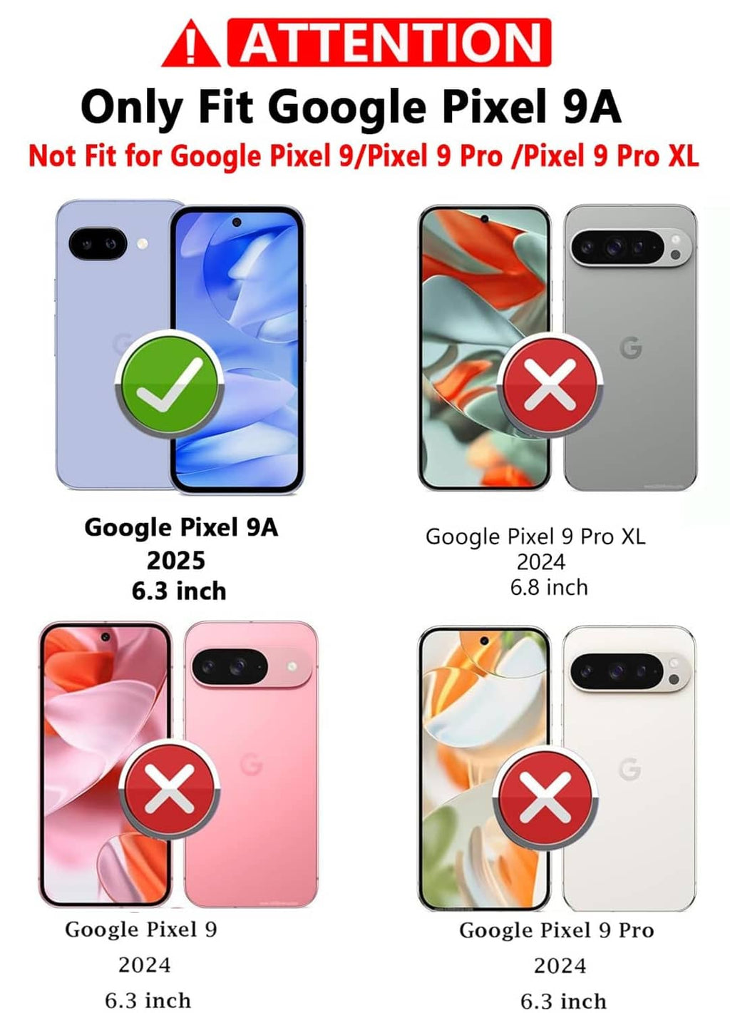 Google Pixel 9A phone case fitment graphic with check and X indicators