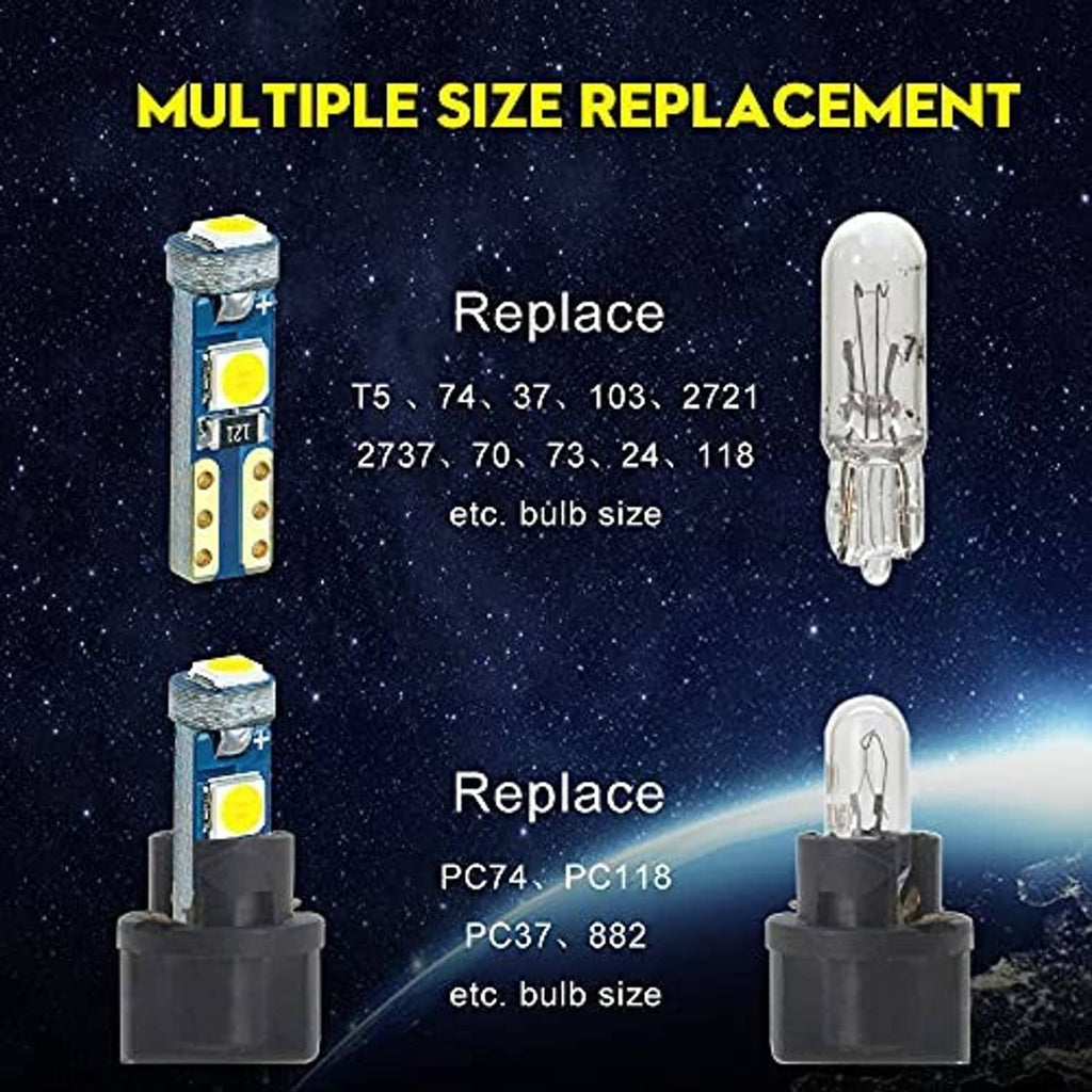 T5 LED dashboard bulb with twist-lock base, blue body, and white LED chip