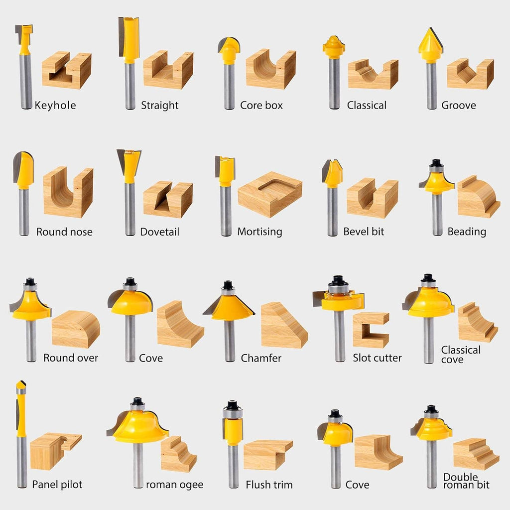 Router bit set with yellow cutters showing different shapes used on wood pieces