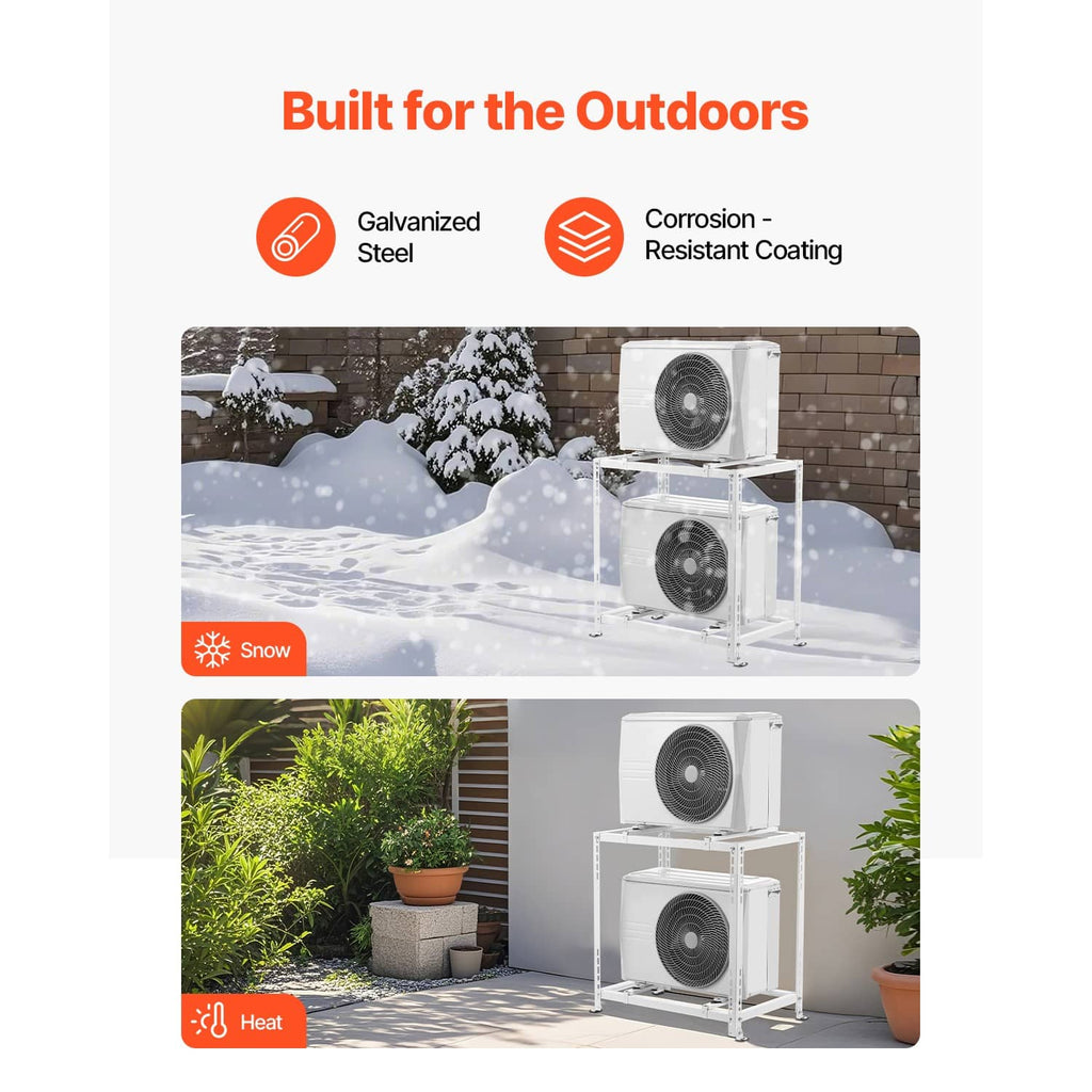 White dual-level mini split AC stand with two outdoor condenser units mounted