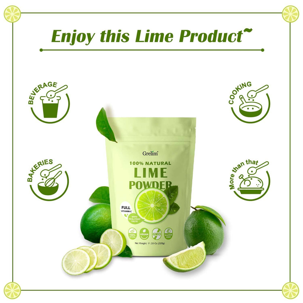 Lime powder pouch with surrounding limes and small beverage, baking, cooking icons