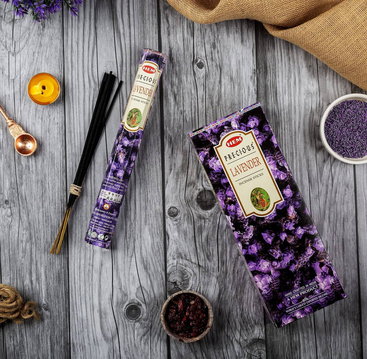 Lavender incense sticks bundle with purple flower-pattern box and loose sticks