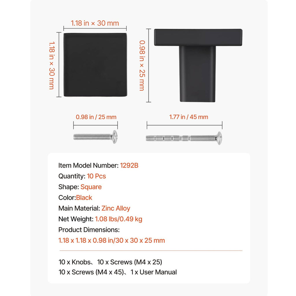 Square black cabinet knob with size diagram and two included screw lengths