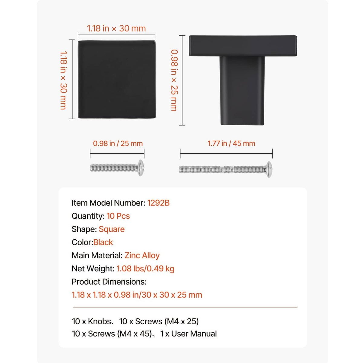 Square black cabinet knob with size diagram and two included screw lengths