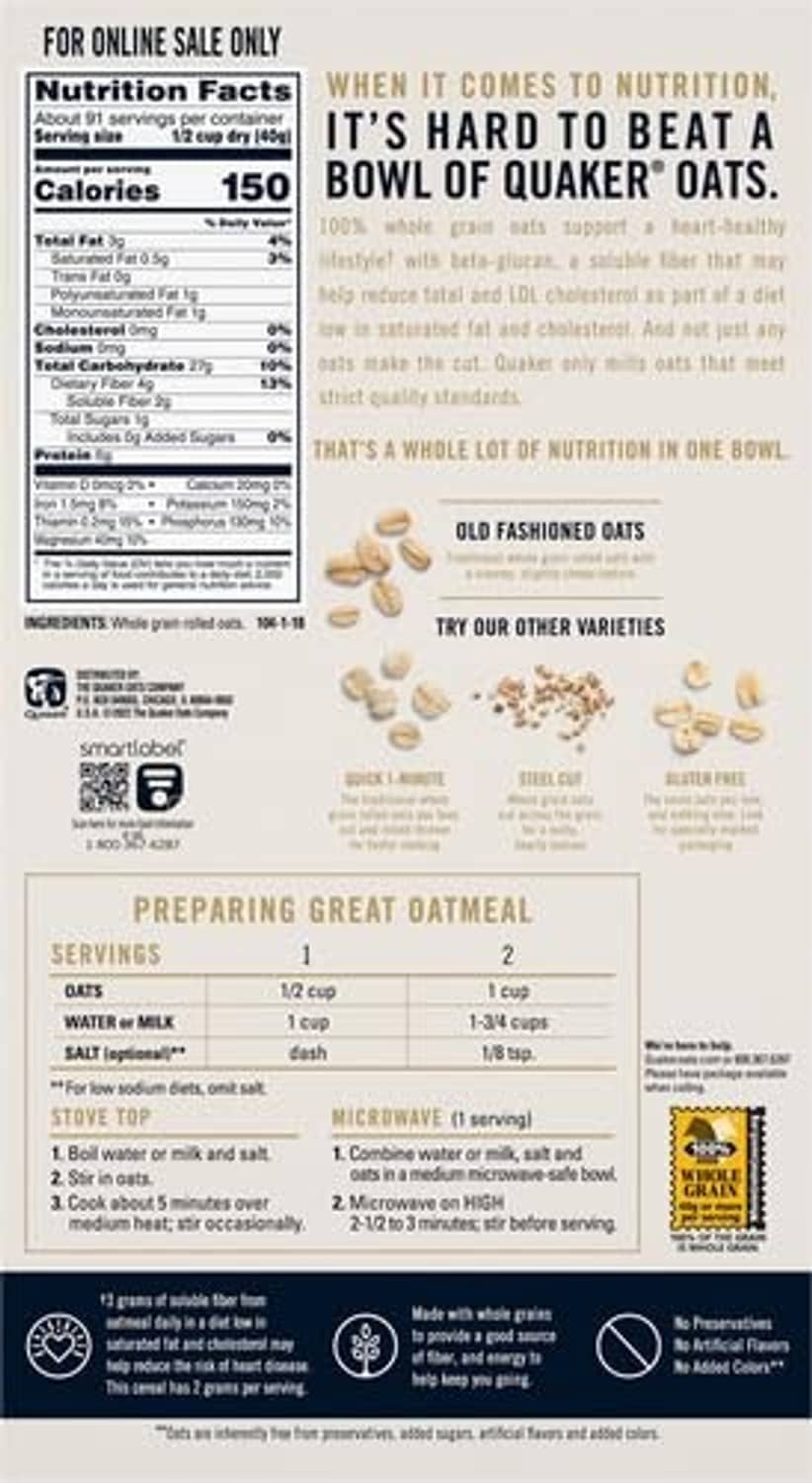 Quaker Old Fashioned Rolled Oats back panel with nutrition facts and preparation