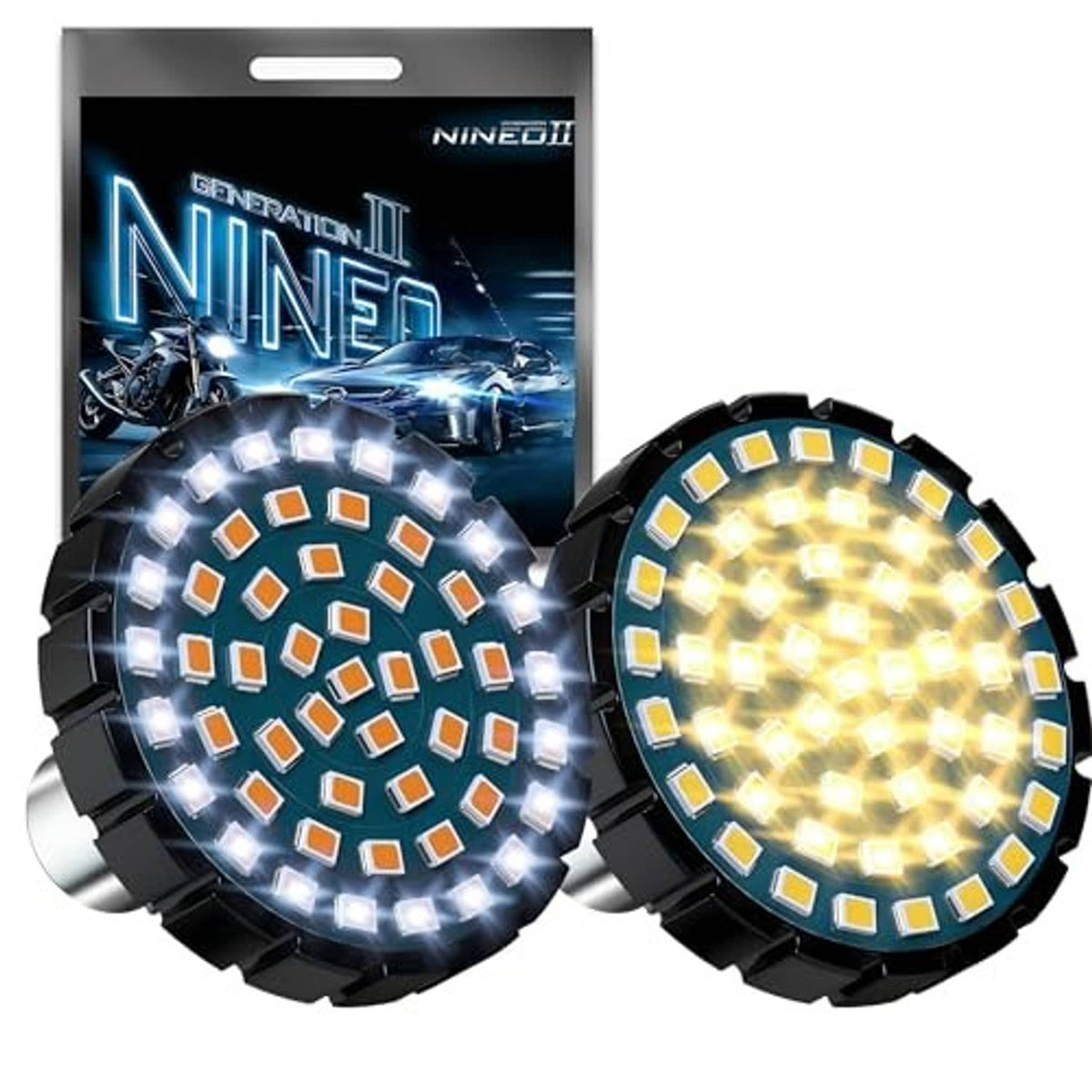 Two-color 1157 LED turn signal bulbs: cool-white ring and amber ring on black housings