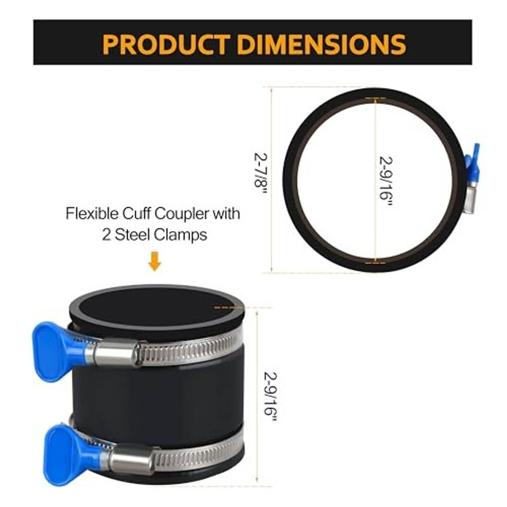 Black flexible dust cuff coupler with two steel clamps for 2-1/2 inch fittings