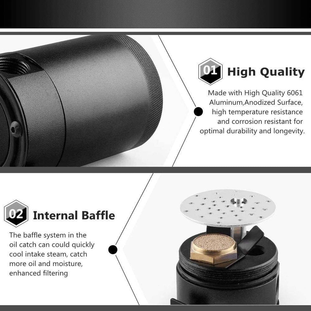 Black oil catch can with internal baffle assembly shown