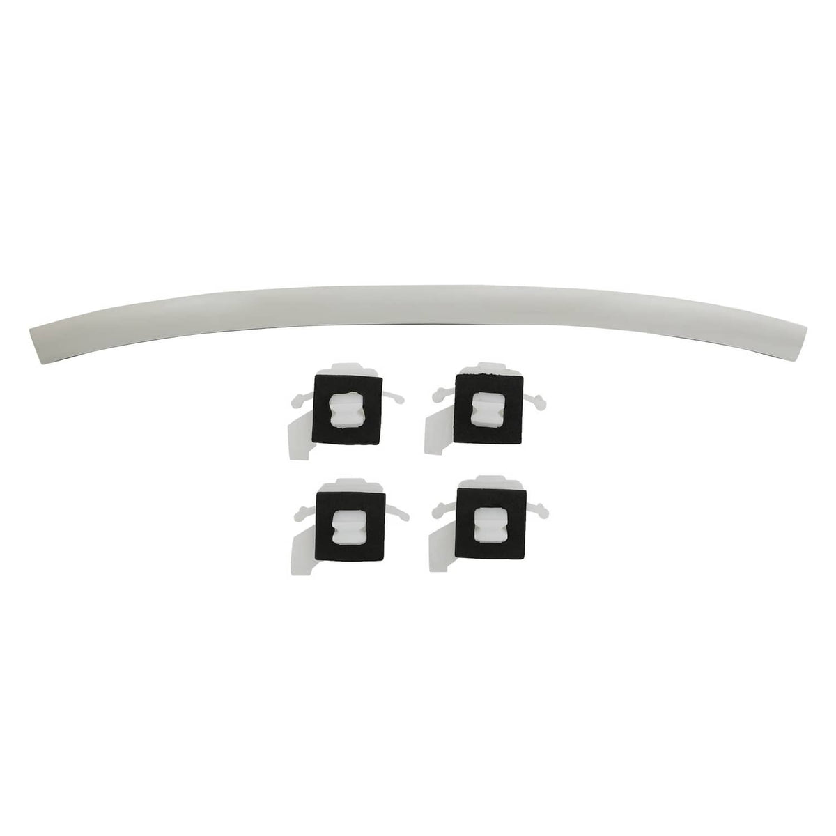 Front windshield upper reveal molding, light gray curved strip with four bracket clips