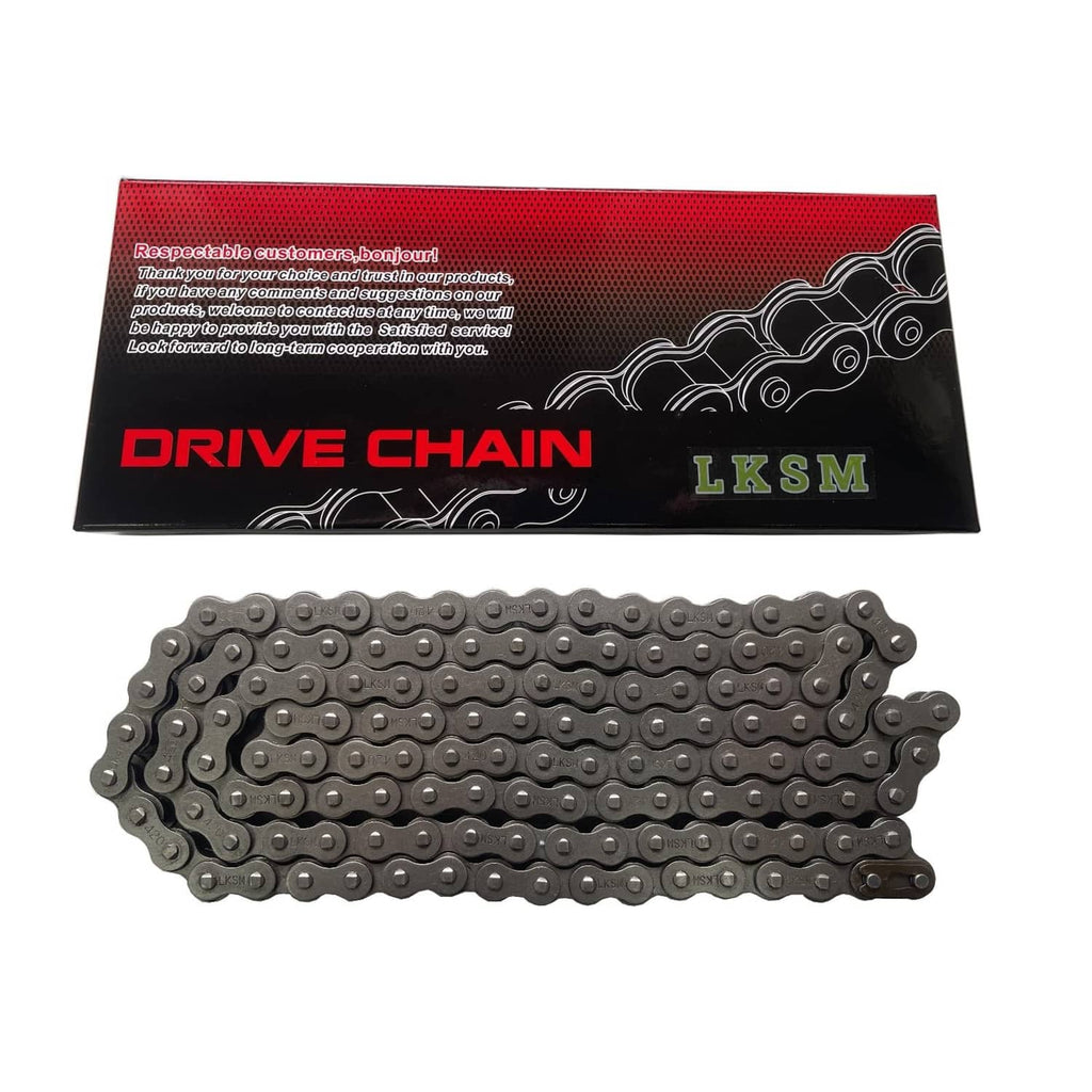 Motorcycle drive chain (132 links) with red-and-black LKSM Drive Chain sleeve