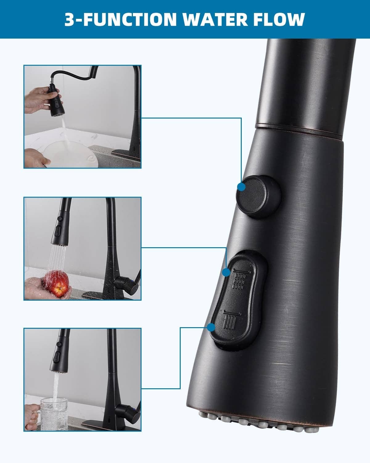 Oil-rubbed bronze faucet head replacement with three flow controls and multi-hole nozzle base