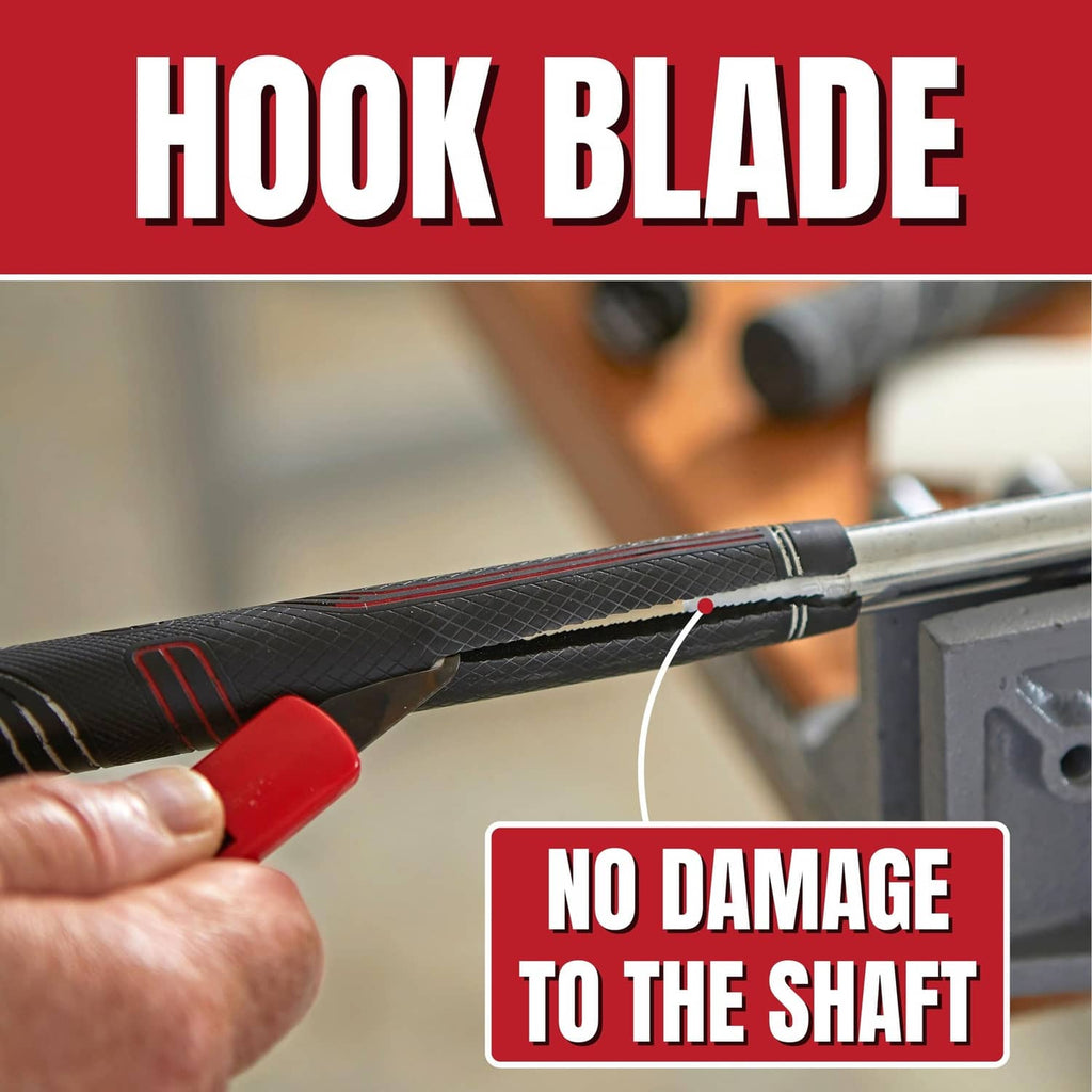 Hook blade tool removing golf grip from club shaft; hand holding red handle