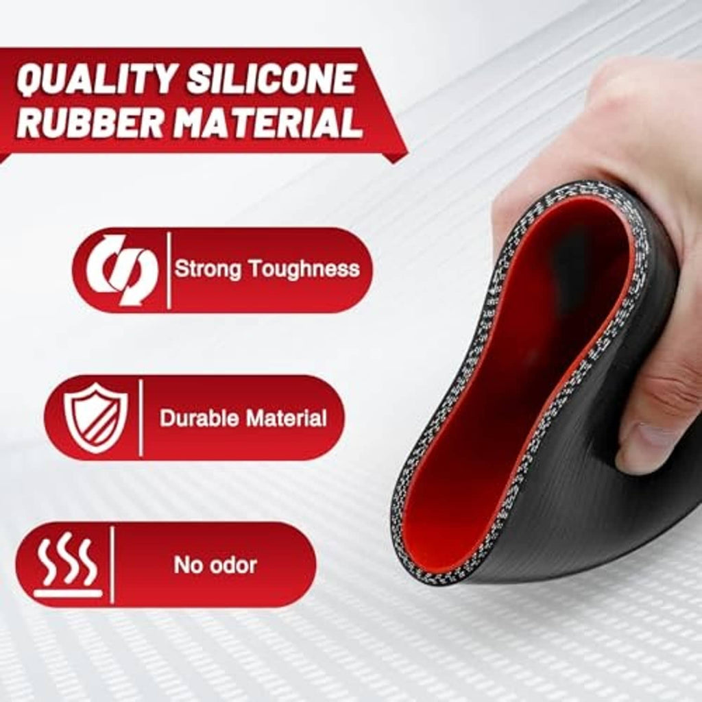 Black silicone reducer hose with red interior, textured rim and reinforced edge