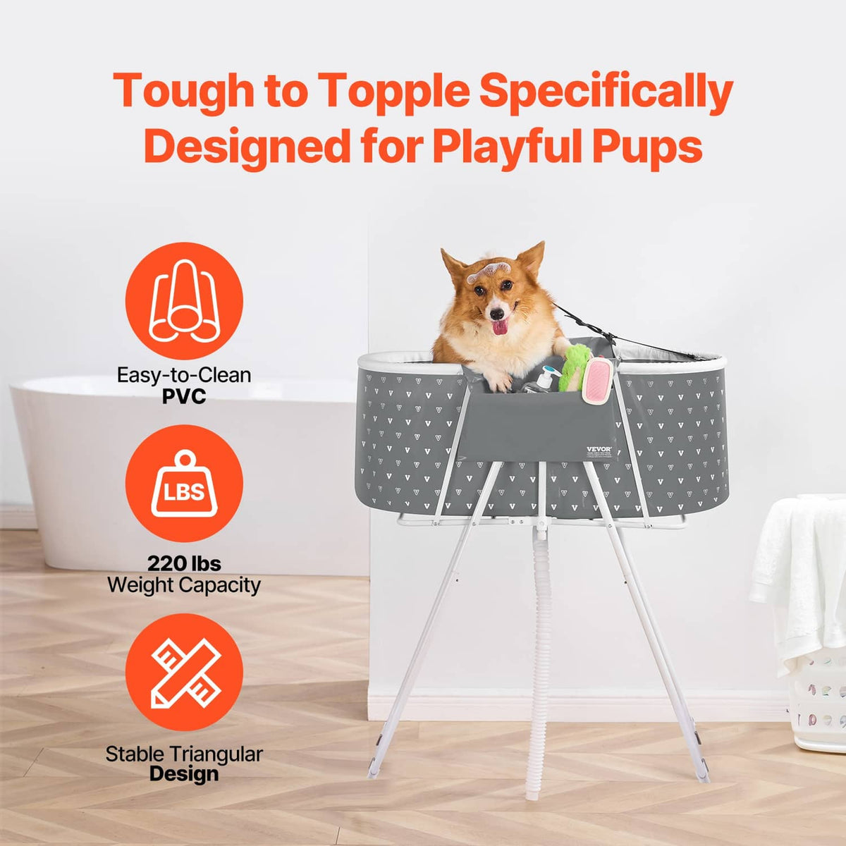 Gray foldable elevated dog bath tub with triangular print fabric and tripod legs