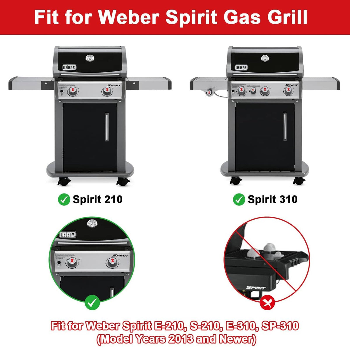 Grill igniter kit shown with Spirit 210 and Spirit 310 gas grill models and ignition setup