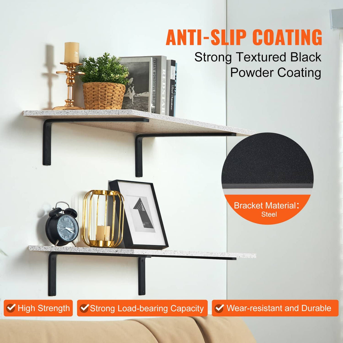 Black L-shaped floating shelf bracket with textured anti-slip coating