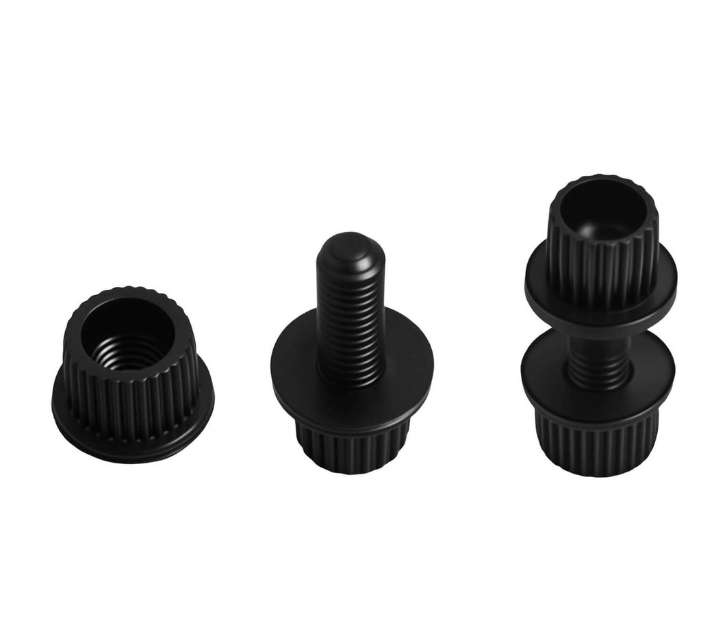 Black nylon license plate fastener pieces with knurled grip