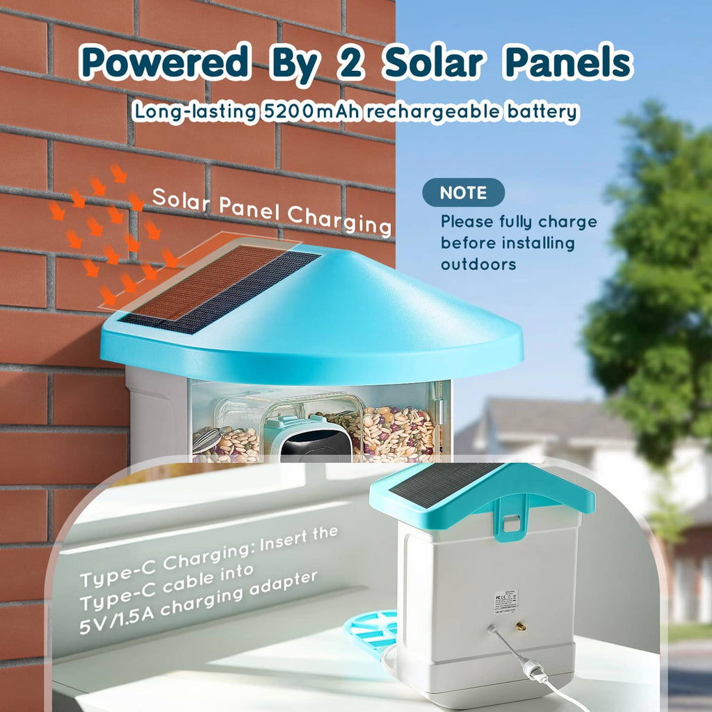 Smart bird feeder with solar lid and clear seed chamber, showing a Type-C charging port