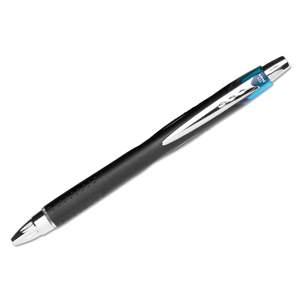 Black ballpoint pen with blue accent band and chrome clip