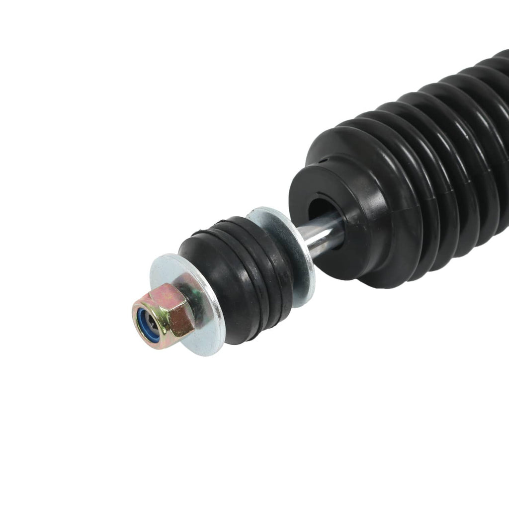 Black coilover strut shock with rubber boot, silver rod end, and blue bushing detail