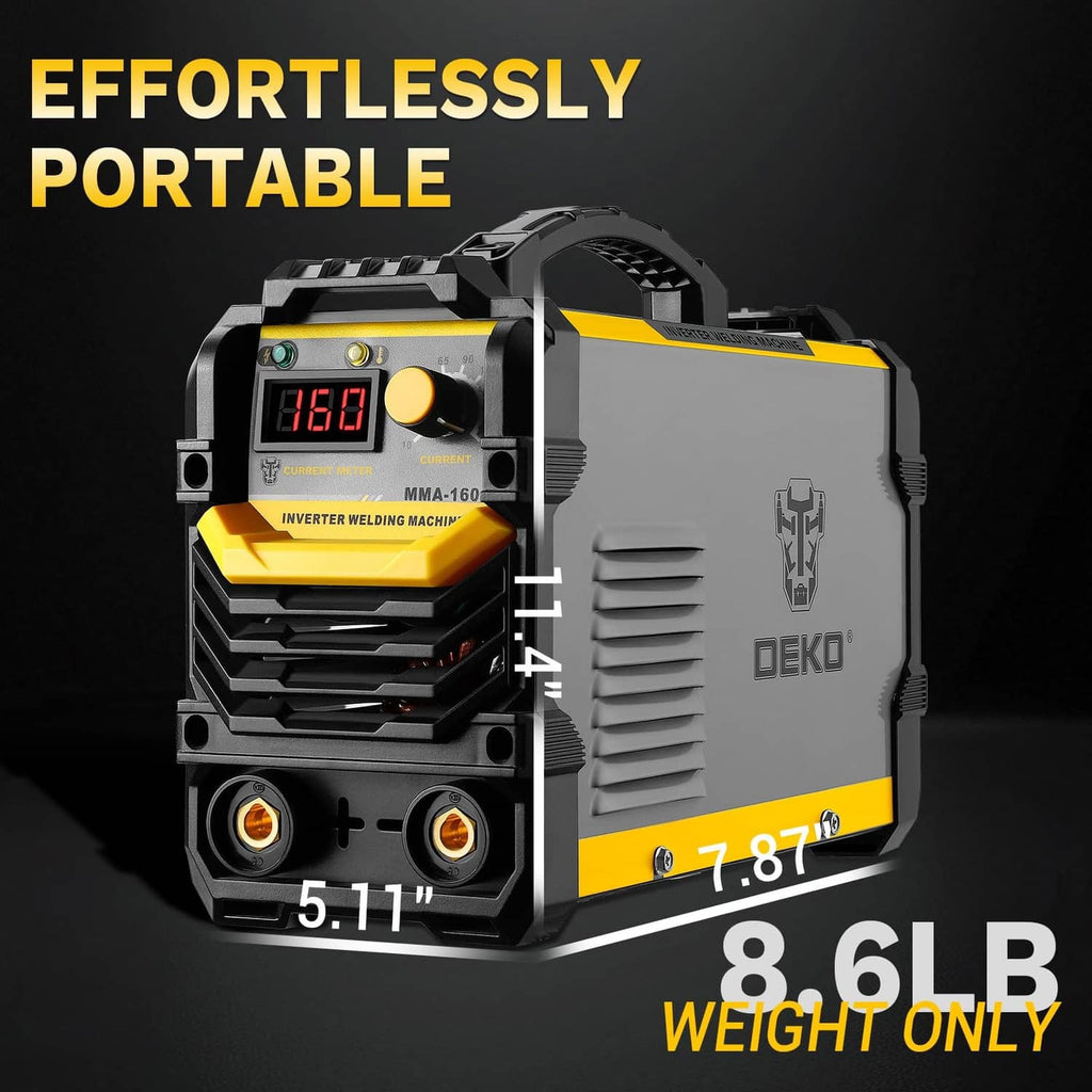Gray and yellow portable MMA inverter welder, front view with handle and display