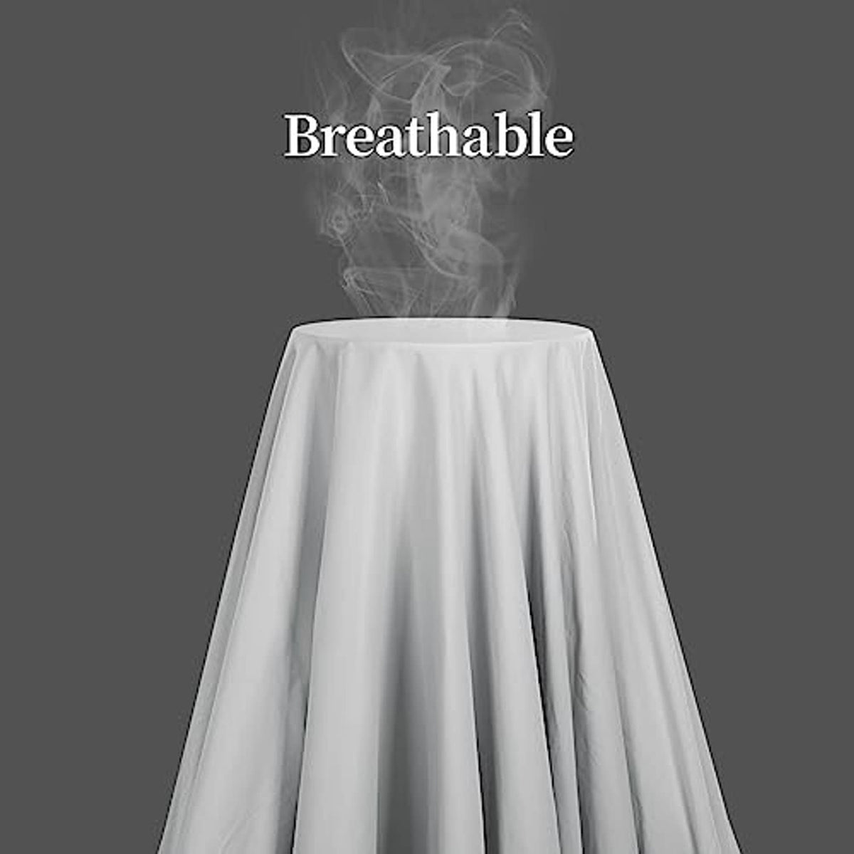 Light grey breathable sheet draped in display form with smoke-like airflow