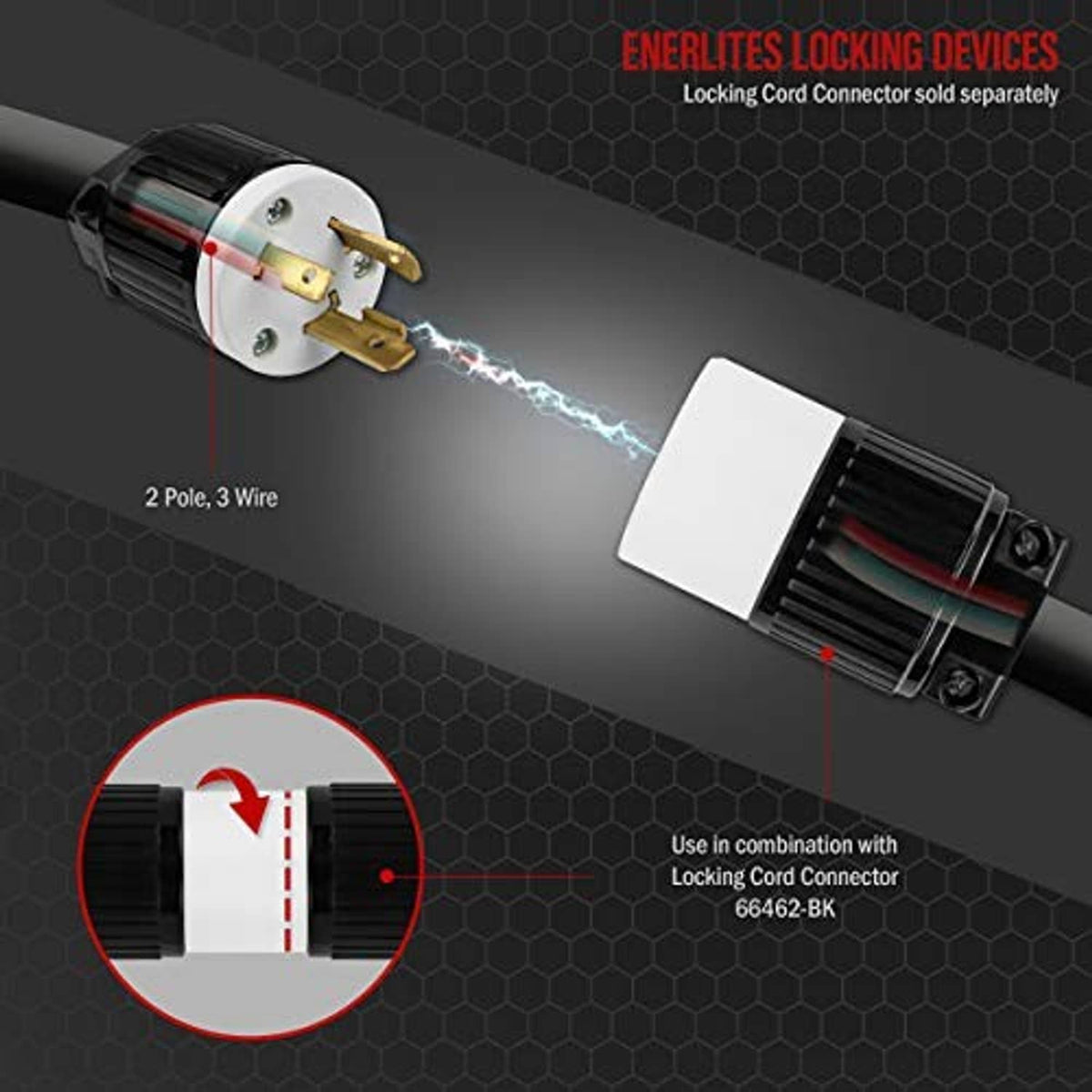 Locking cord connector with black housing and brass blades, metal contacts visible