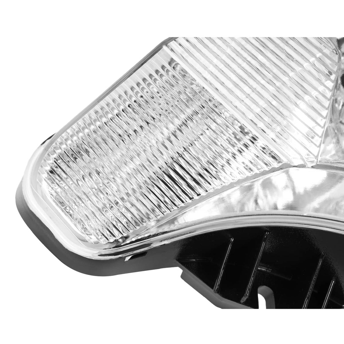 Right headlight lamp lens with reflector surface and black border trim