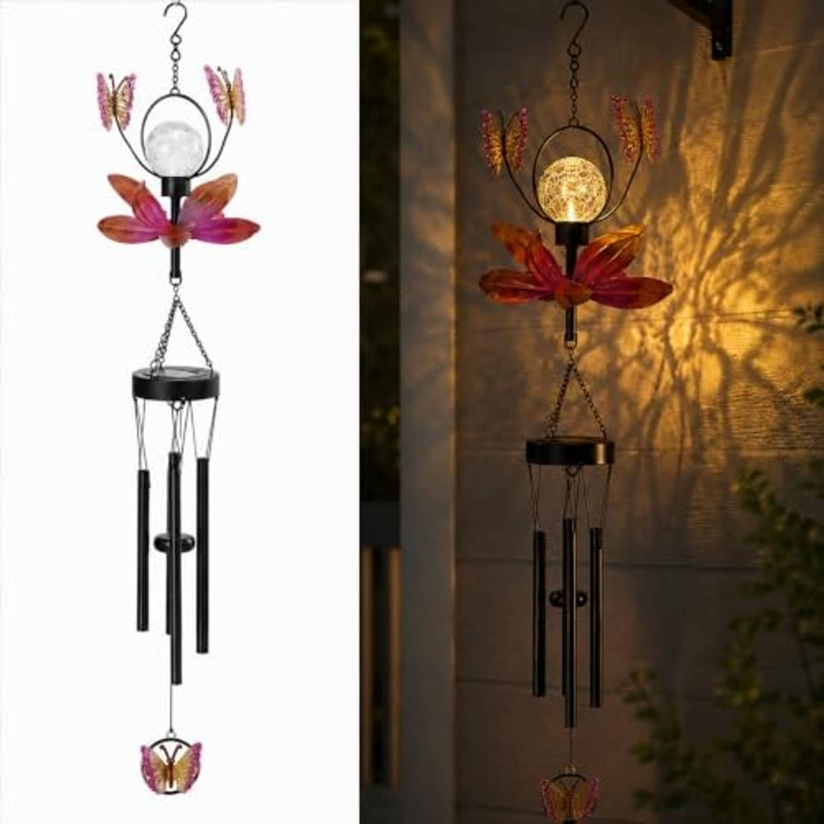 Solar metal wind chime with butterfly and flower spinner, crackle globe and hanging tubes