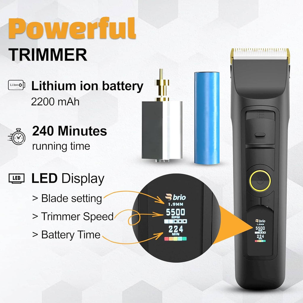 Cordless black beard trimmer with LED display and lithium-ion battery charging shown