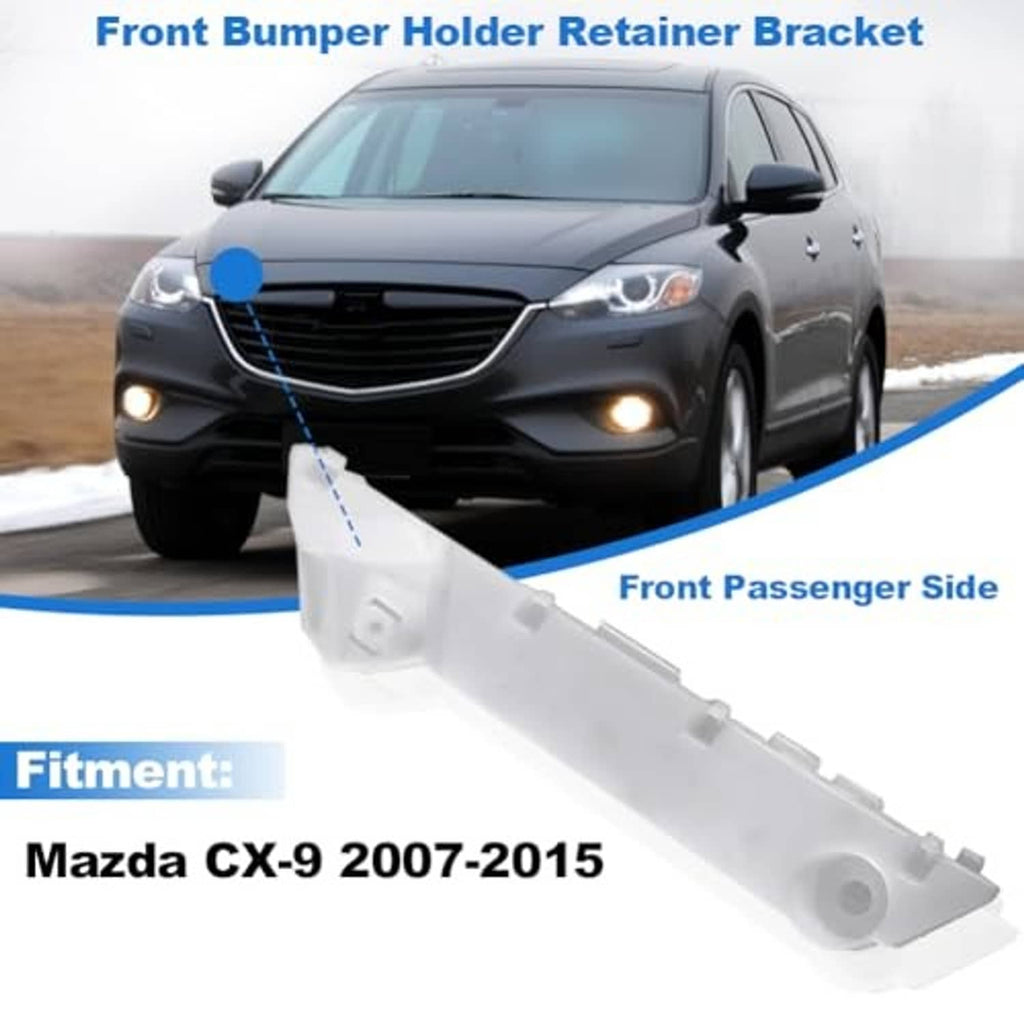 Front passenger side bumper retainer bracket, white plastic support piece.