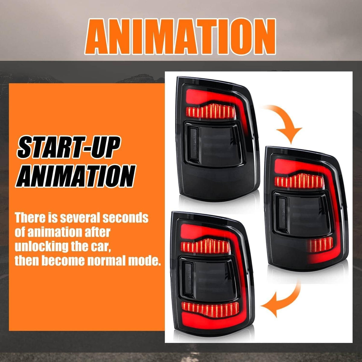 LED tail light pair showing animated start-up sequential turn signal light pattern