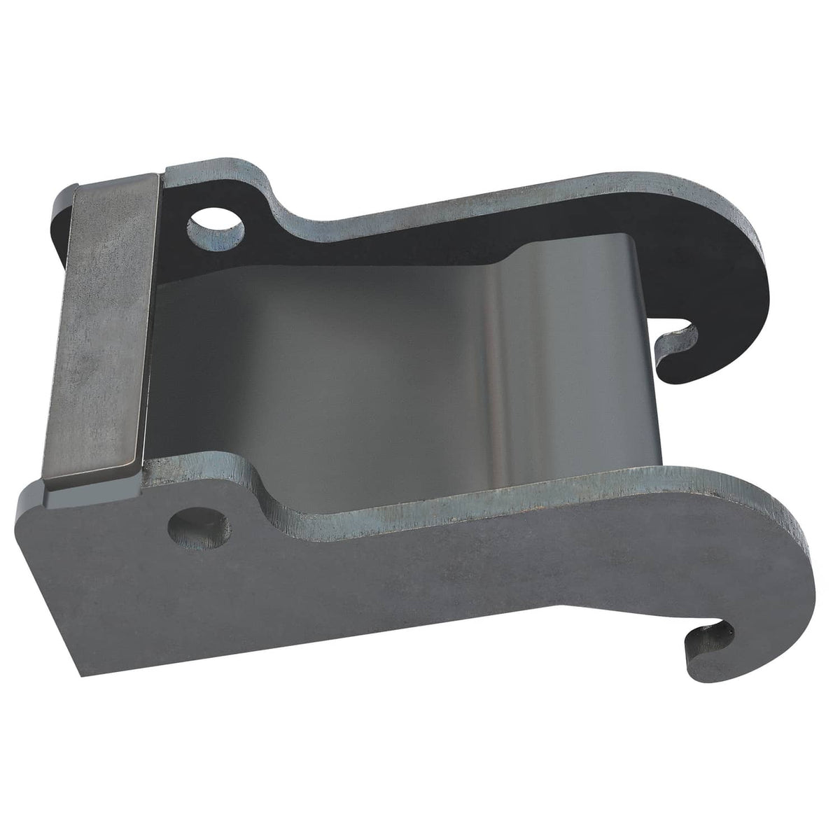 Excavator quick attach coupler bracket, dark gray metal, with mounting holes and fork ends