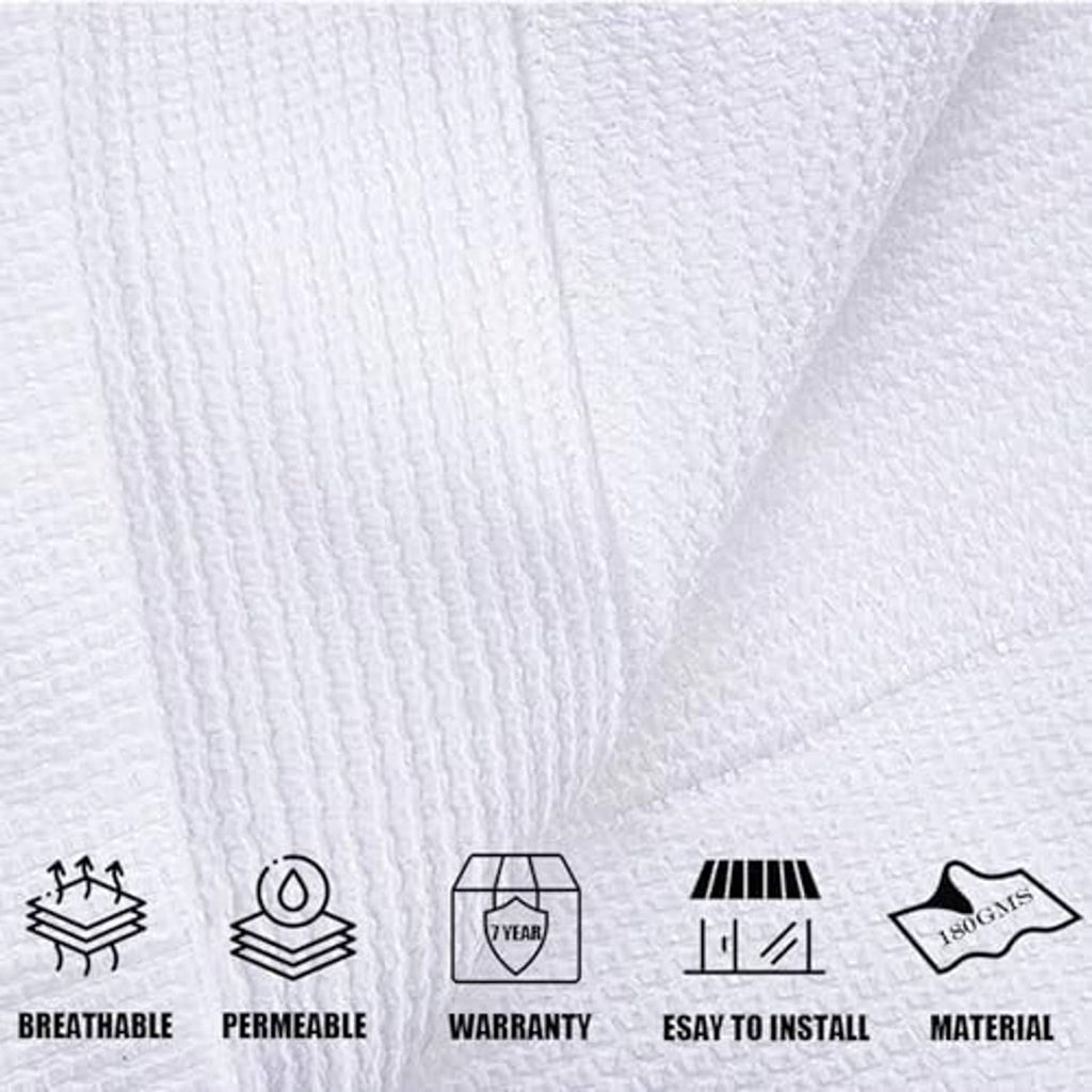 White mesh shade cloth fabric with tight weave pattern, close-up