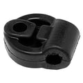 Black rubber exhaust hanger insulator with two mounting holes and offset support
