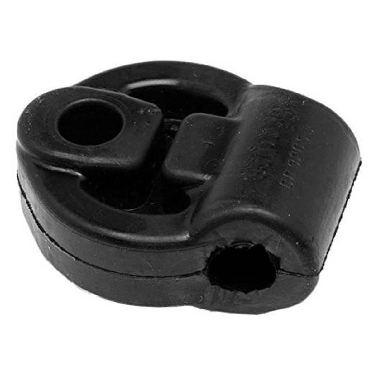 Black rubber exhaust hanger insulator with two mounting holes and offset support
