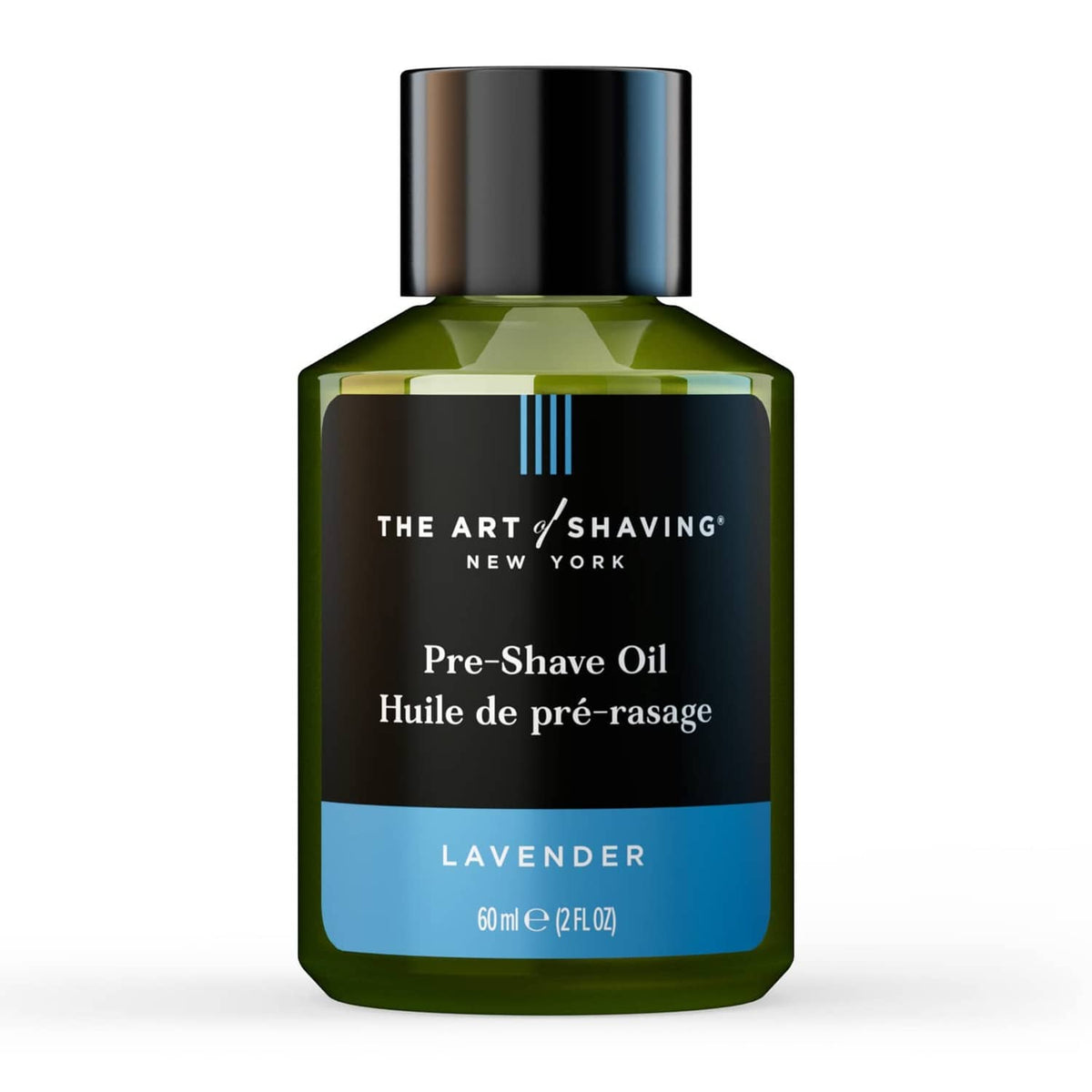 Lavender pre-shave oil bottle with black cap, The Art of Shaving, 2 fl oz.