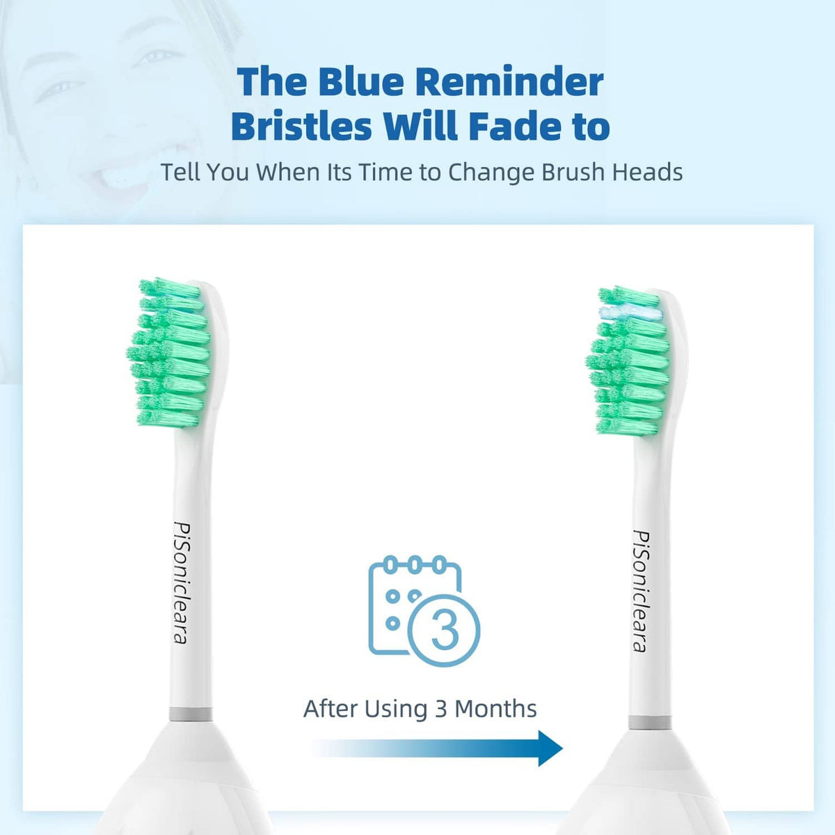 Two replacement toothbrushes with white handles and green bristle heads