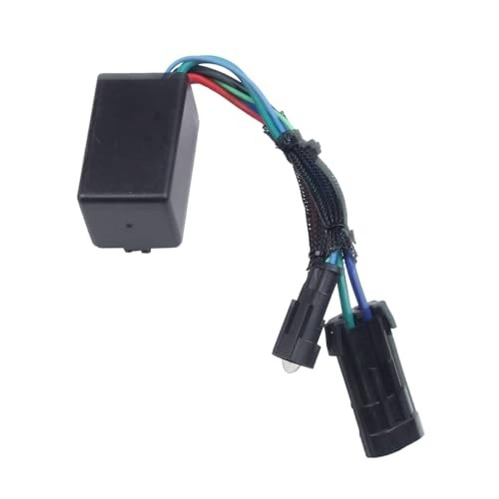 Black relay control box with braided wiring harness and two connector housings