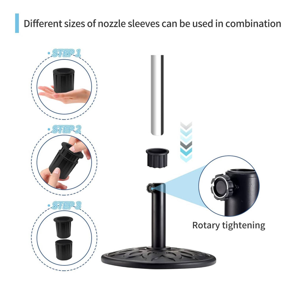 Black umbrella base with rotary tightening knob and threaded screw post