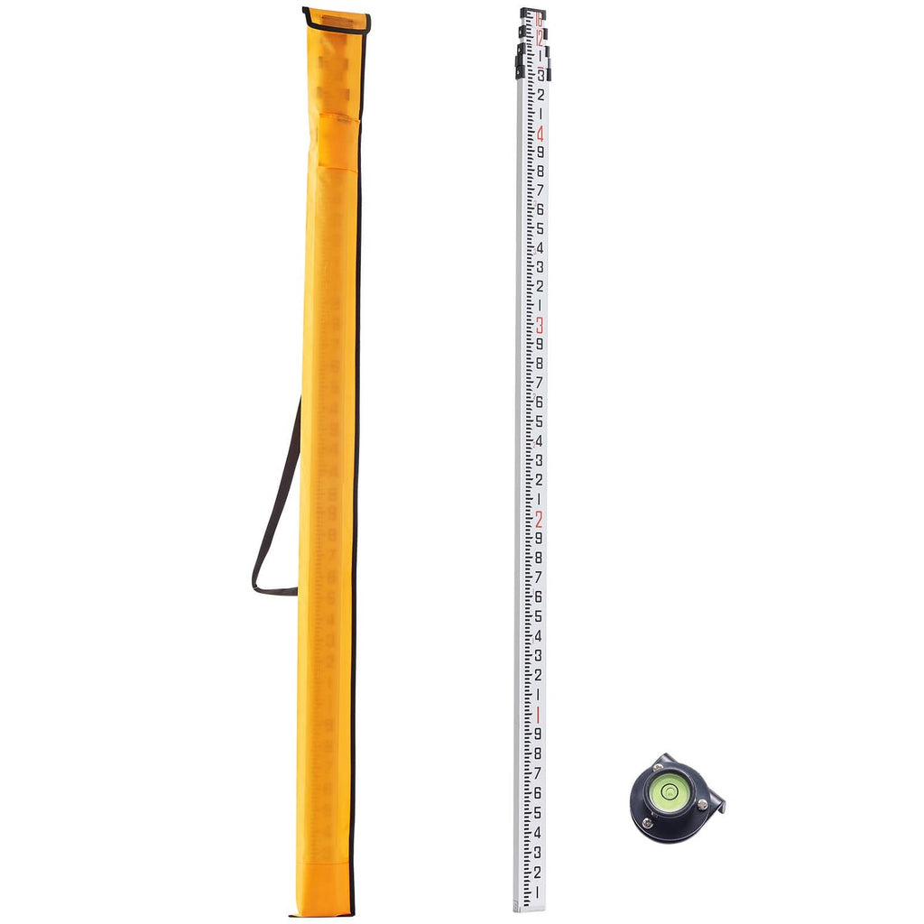 Telescopic measuring rod with yellow body, dual-sided inch scale, and measuring tape