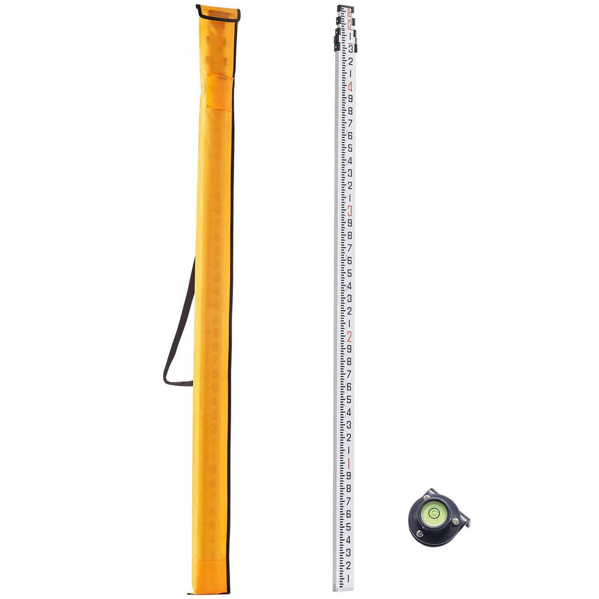 Telescopic measuring rod with yellow body, dual-sided inch scale, and measuring tape
