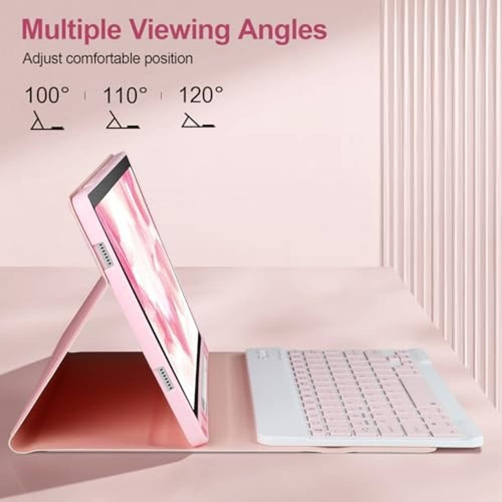 Pink tablet keyboard case showing adjustable stand angles