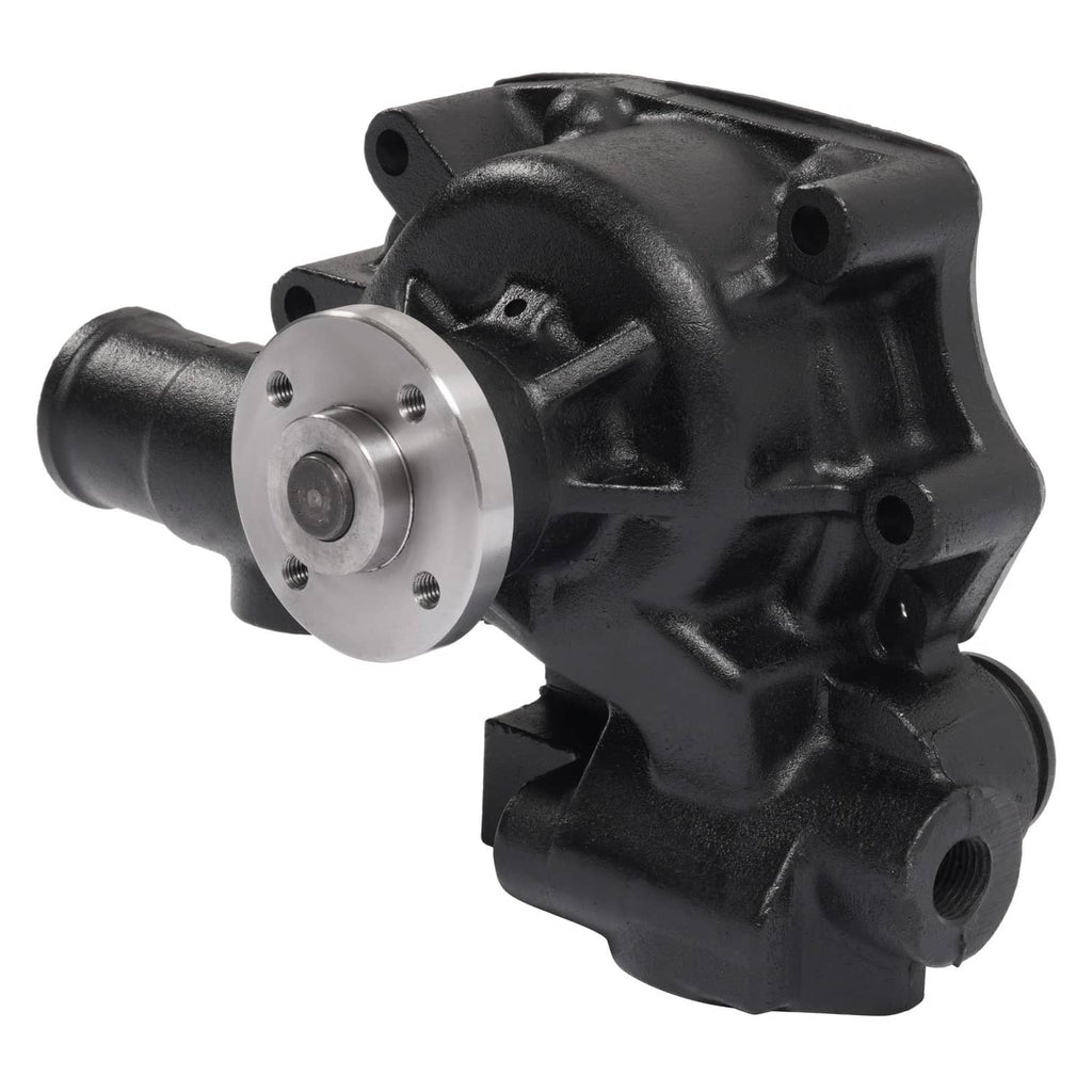 Water pump with black cast body and silver hub, flanged connection and outlet port